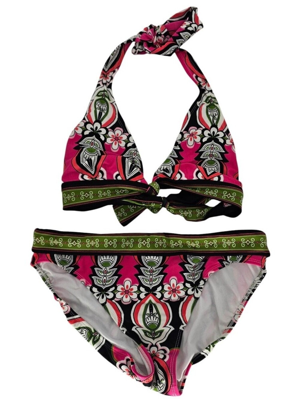 Sand N Sun Womens Sz M Bikini Swimsuit Set Pink Green Floral Print Y2K